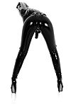 Sexy High Heels presents Dominique La Mer in black latex catsuit with dildo and black high heels