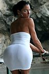 Elizabeth Carson enjoying prosecco and more at party in Amalfi in white dress and sexy high heels